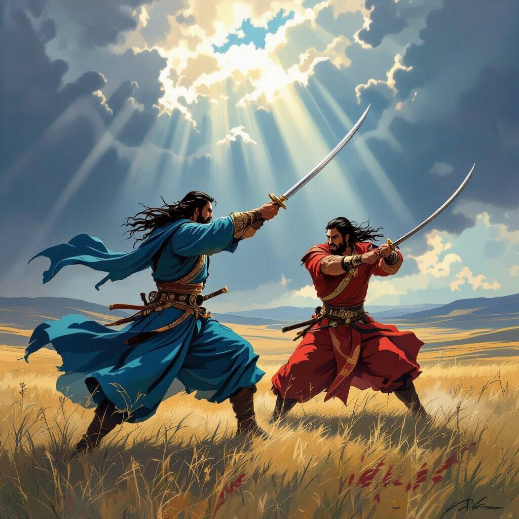 Kazakh Batyrs in Epic Fantasy Action Pose