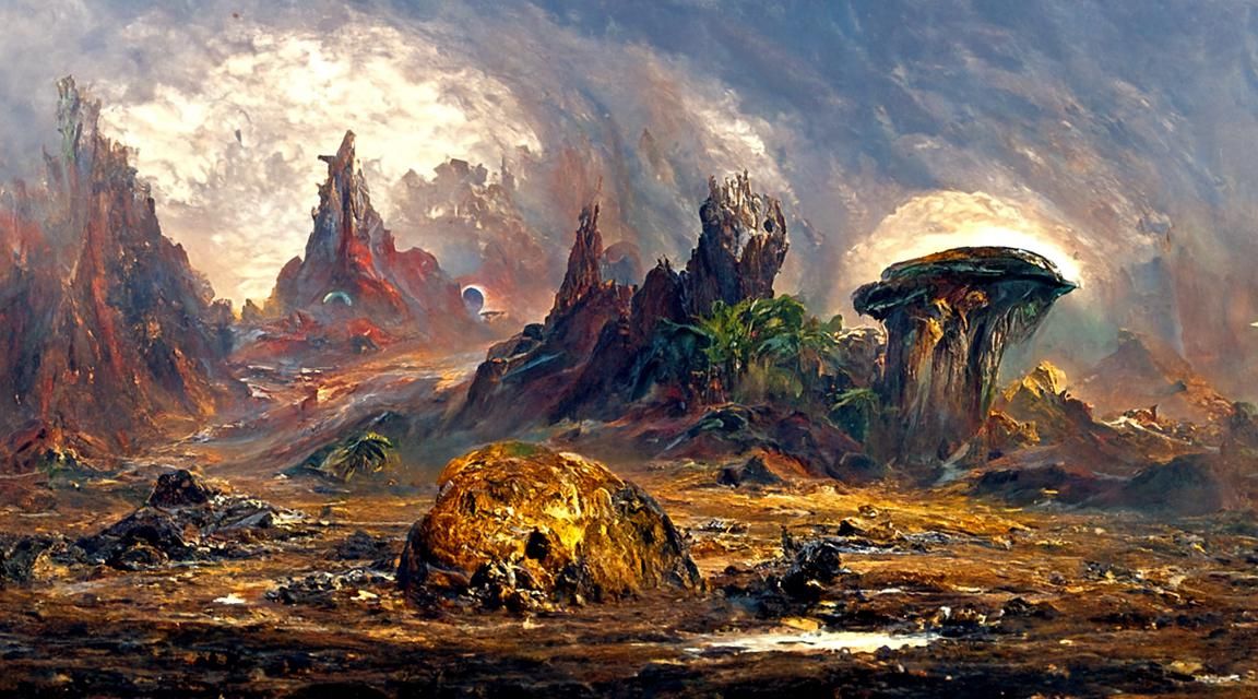Alien Planet Landscape with Volcanoes in Oil Painting Style
