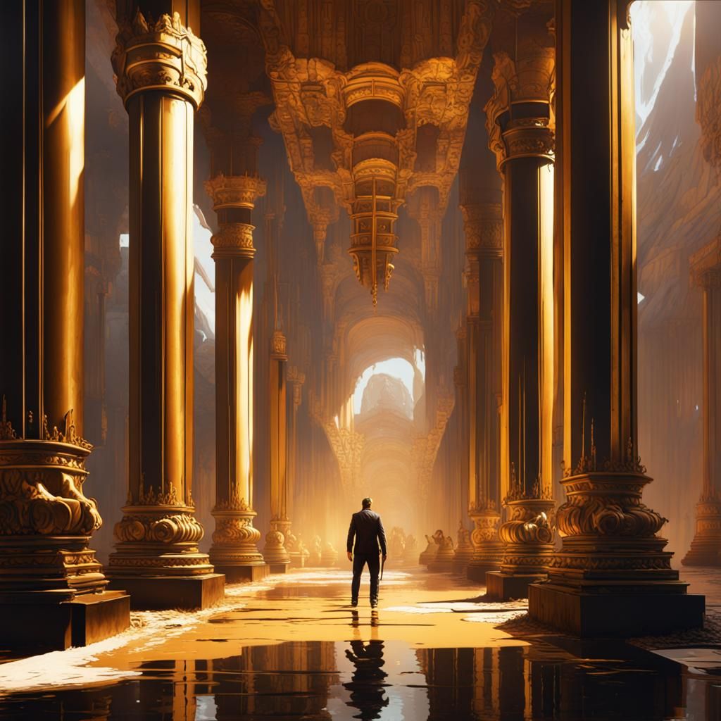 Ironpunk Figure Among Golden Pillars, GTA Style