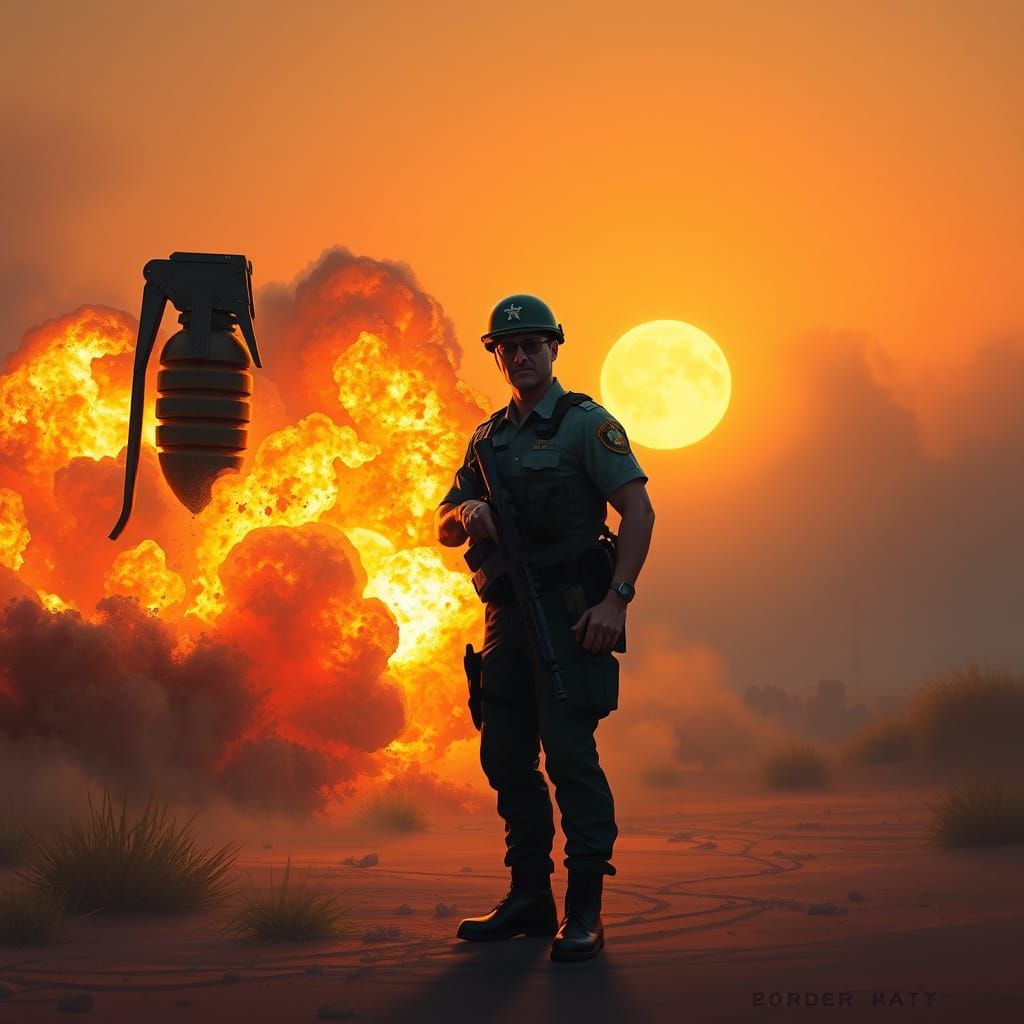 Border Patrol Officer Amidst Explosive Moonrise