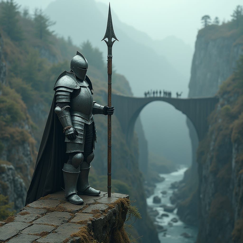 Epic Fantasy Knight Confronts Foe on Ancient Wooden Bridge