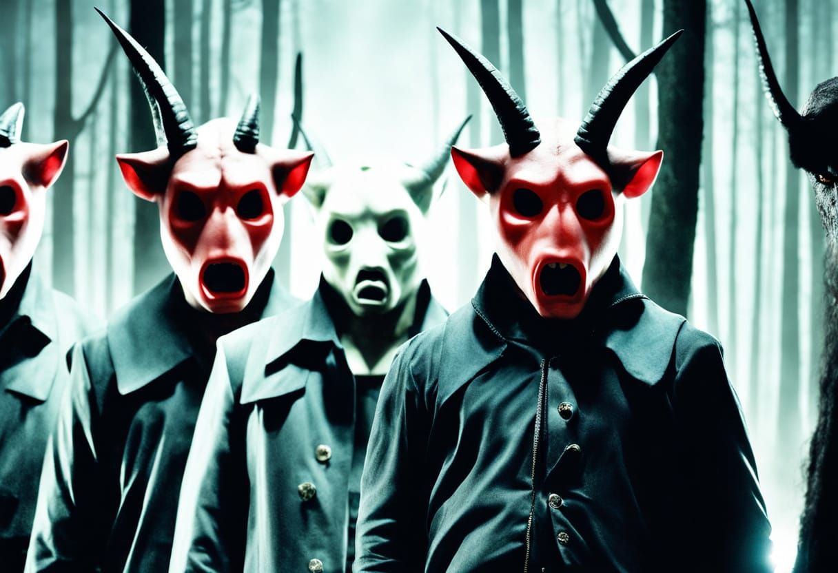 Evil Spirit Watches Happy Crowd in Horror Art