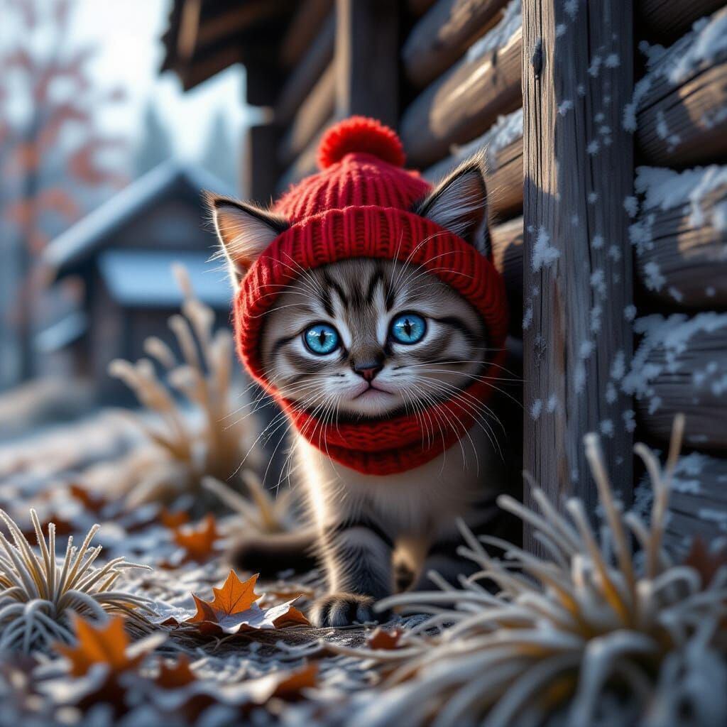 Siamese Kitten Spy in Frosty Autumn Village