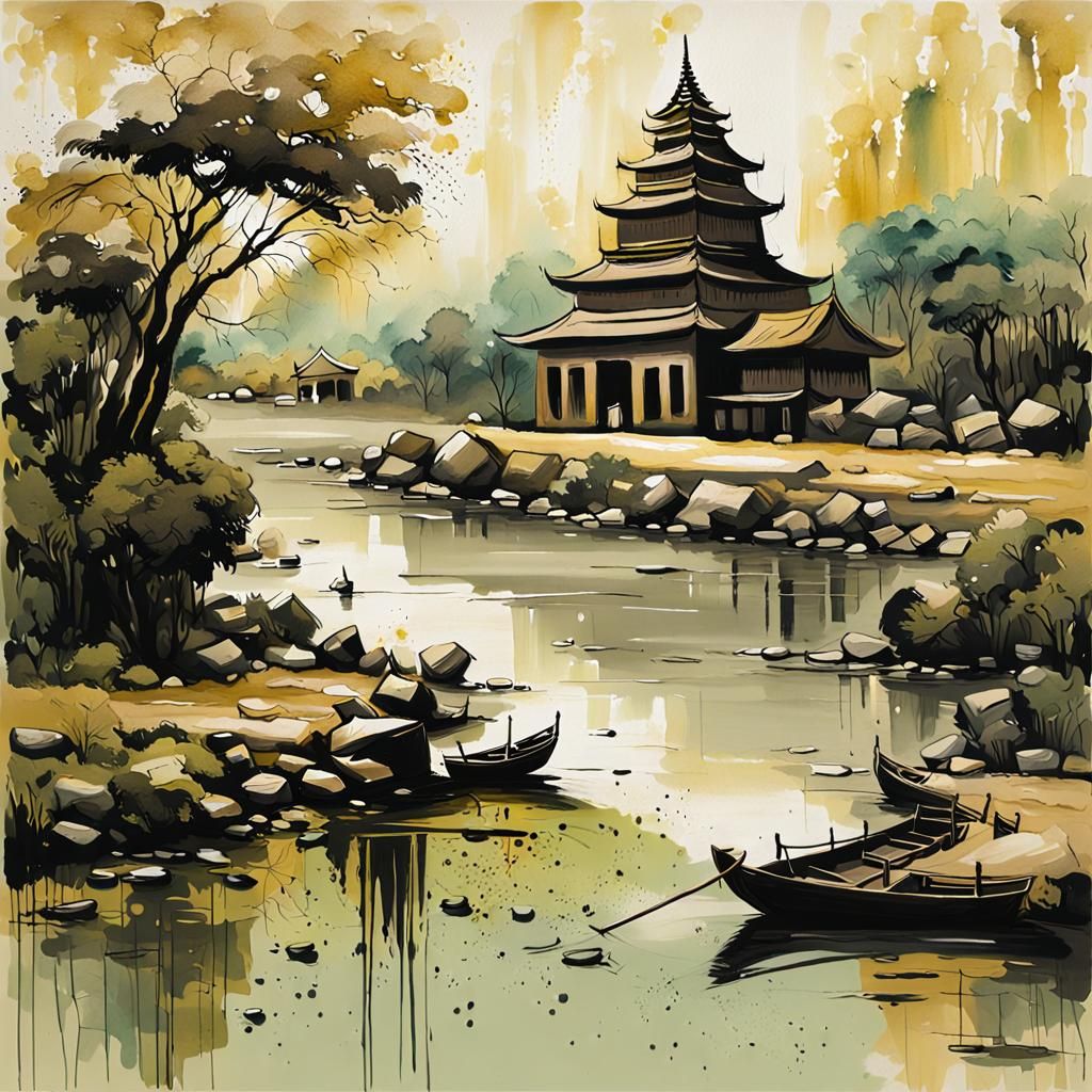 African Riverscape Temple Art in Beige and Gold