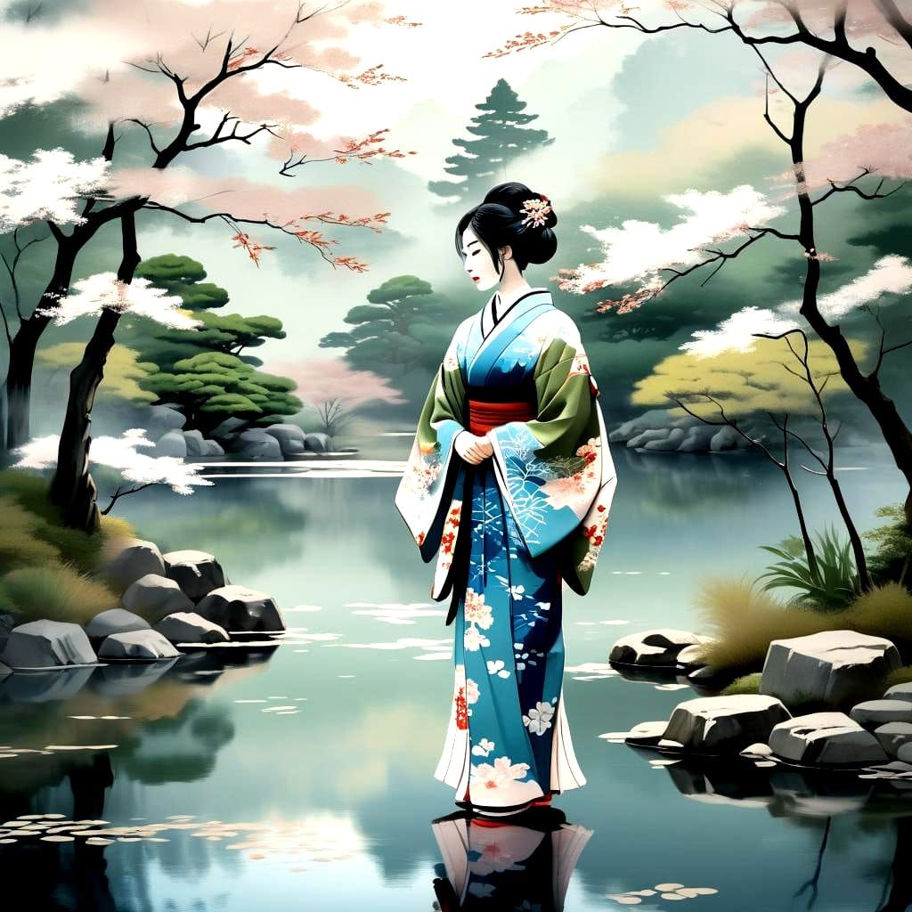 Captivating Japanese Painting of Woman by Pond