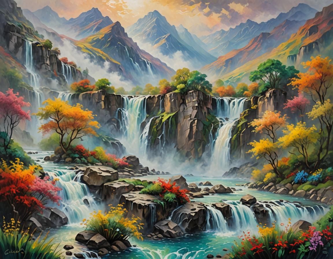 Serene Babha in Mountain Landscape: Vibrant Oil Painting