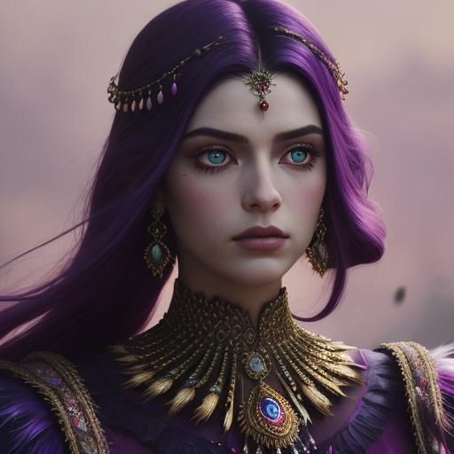 Magenta Peacock Feather Haired Woman: Cinematic Portrait