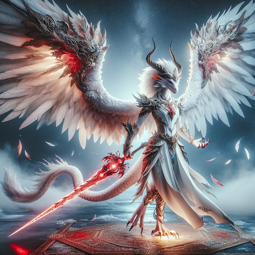 Daerika - female white anthromorphic dragon wielding a red g...