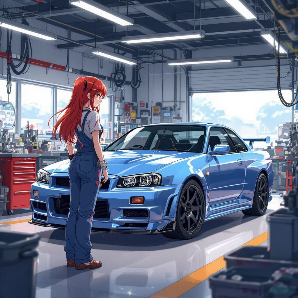 Anime Girl and Nissan Skyline in Cel-Shaded Style