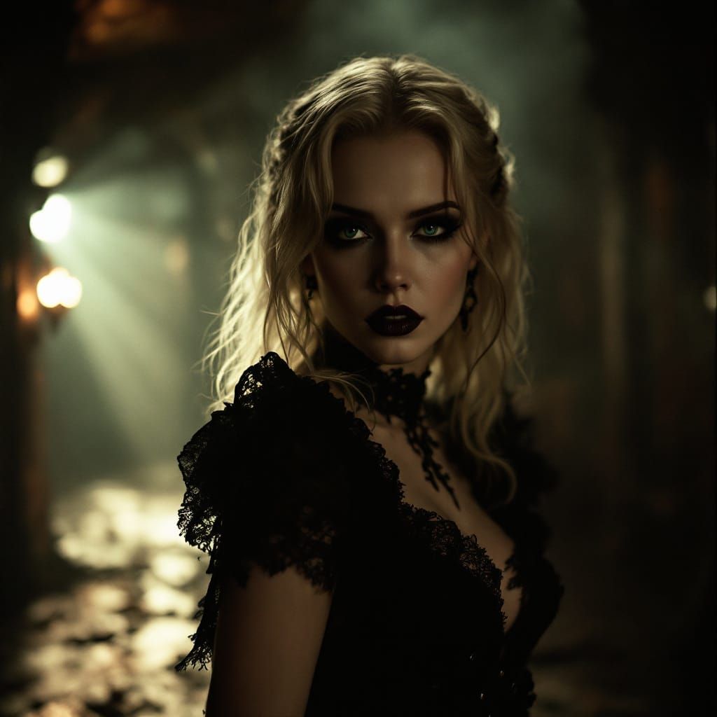 Cinematic Goth Drama Queen in Theater Still