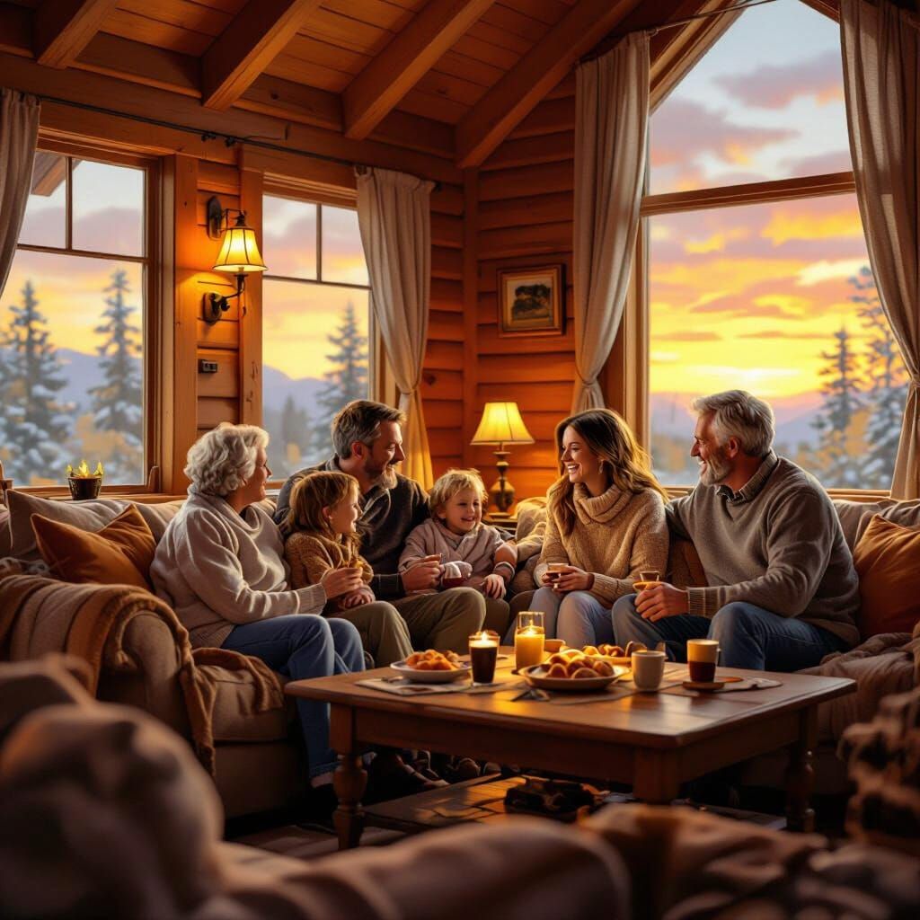 Warm Family Gathering in Cozy Wooden Cabin