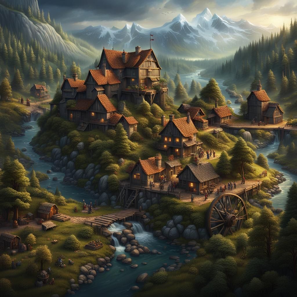 Lumberjack Village with Castle, Detailed Matte Painting