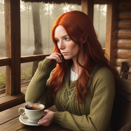 Woman Sipping Coffee on Log Cabin Porch