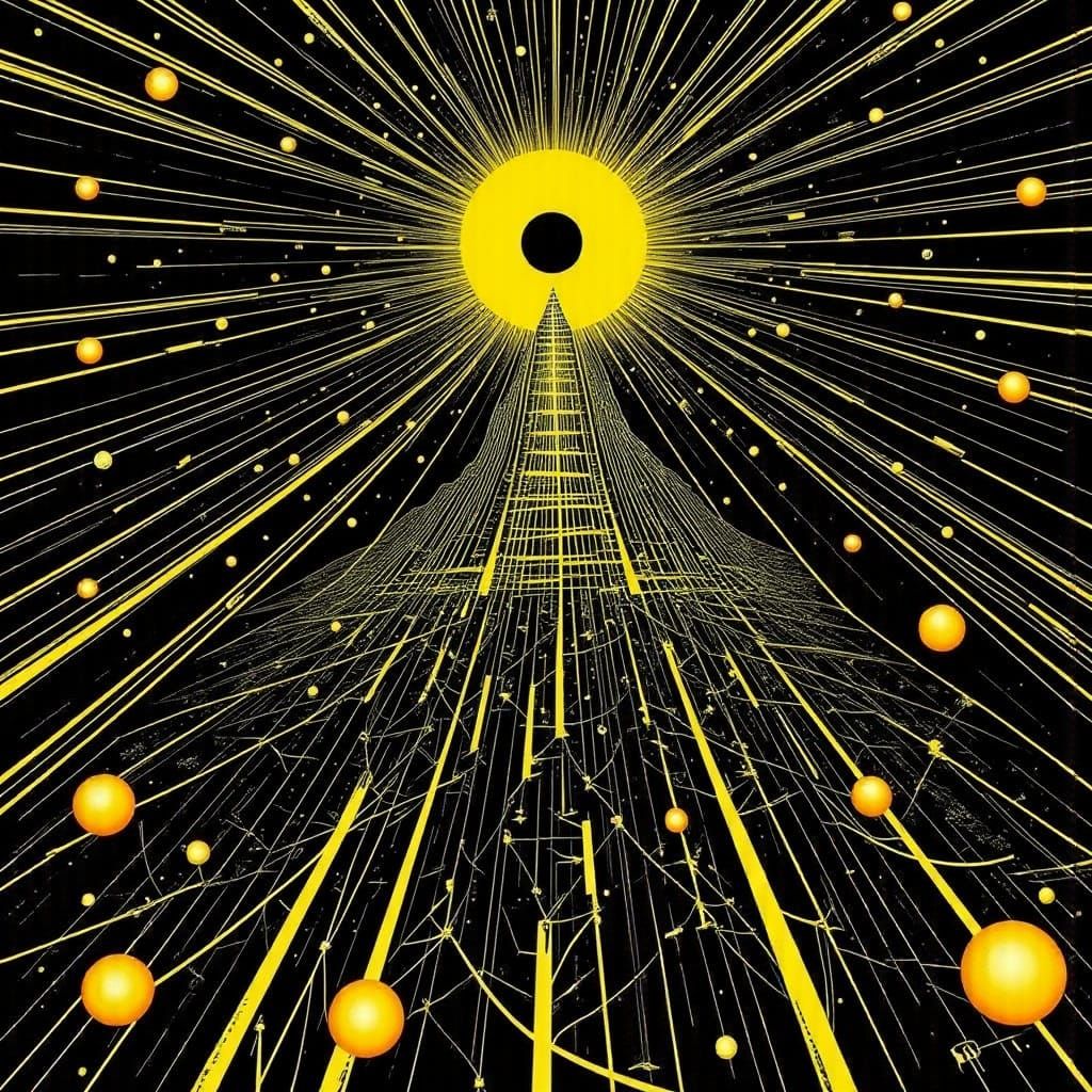 Mesmerizing Golden Web of Rays and Roots in Cyberpunk Style