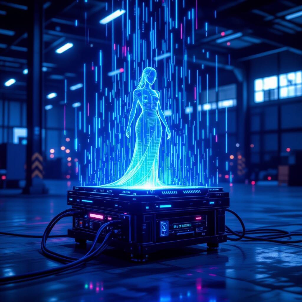 Futuristic Mining Rig With Holographic Woman Silhouette