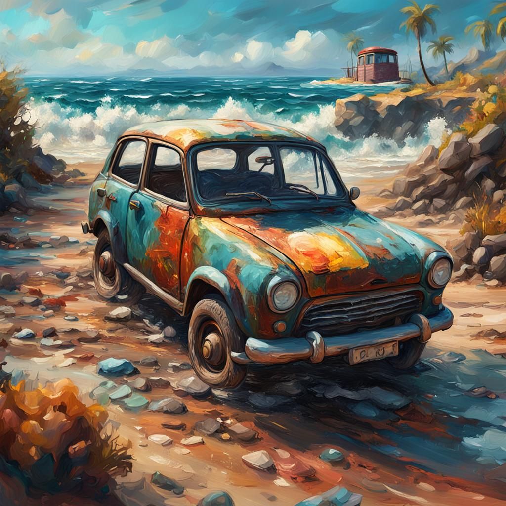 Impasto Oil Painting of Car on Beach
