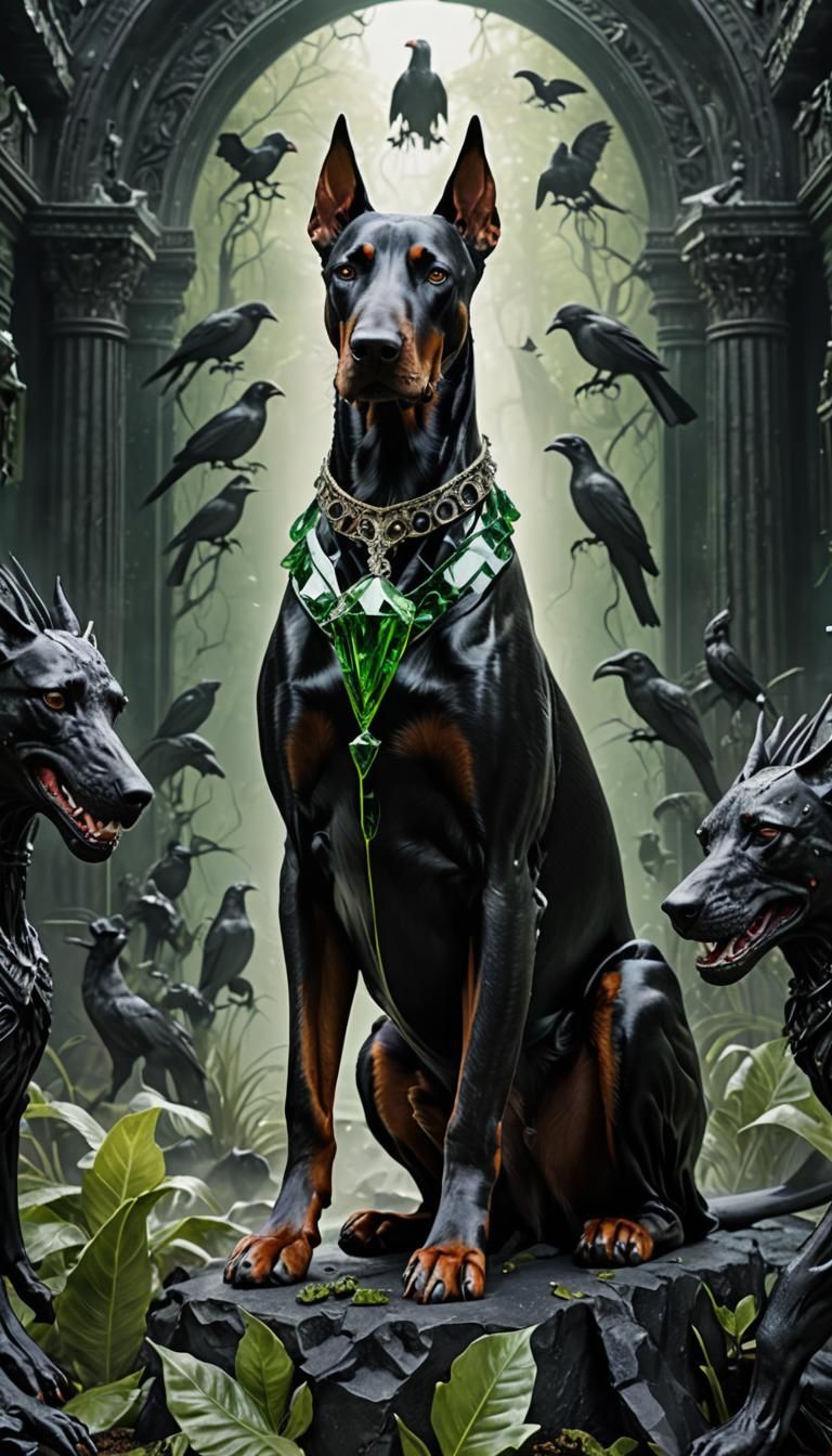Crystal Doberman Goddess with Ravens in Post-Apocalyptic Sce...