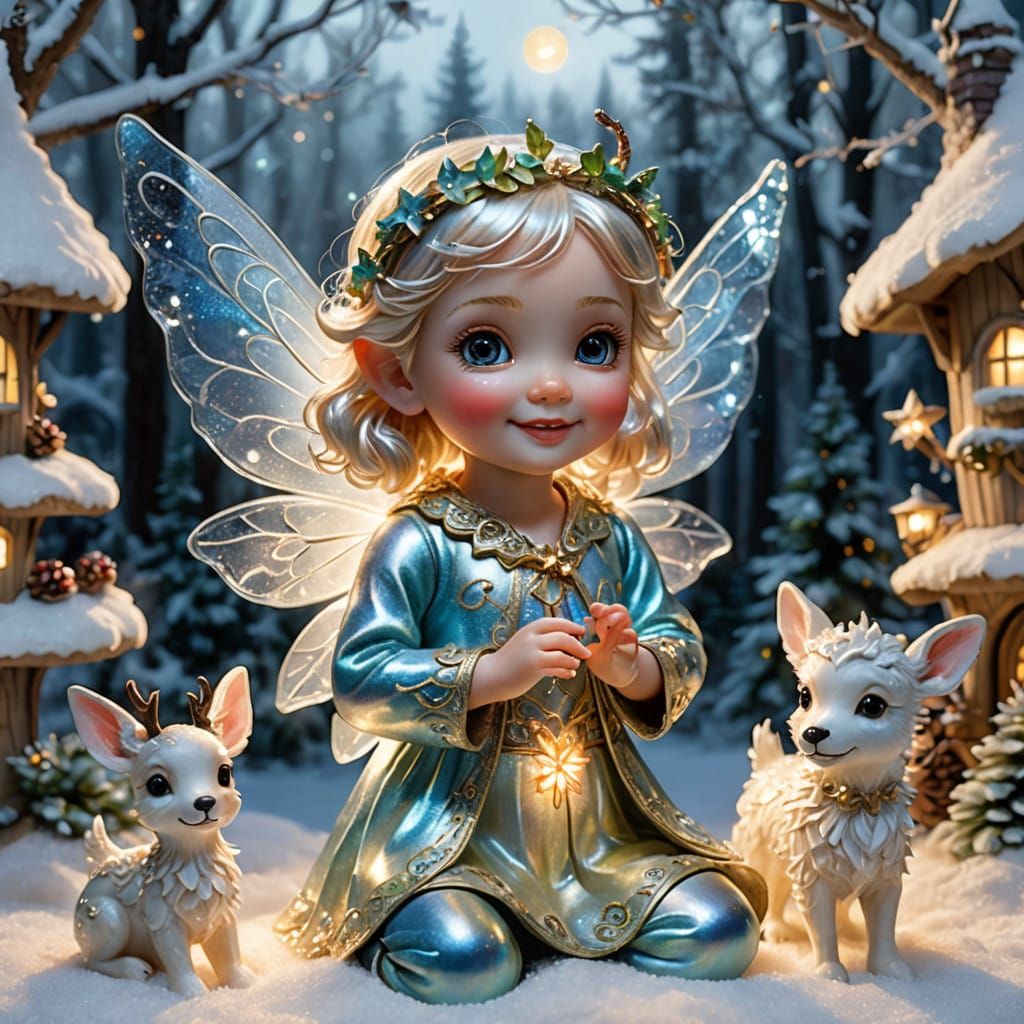 Glass Christmas Fairy Plays with Baby Reindeers and Puppy in...