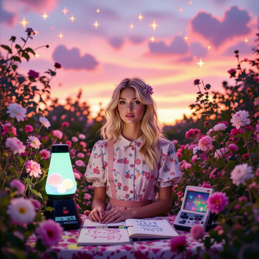 Nostalgic 90s Dreamscape with Pastel Garden and Woman