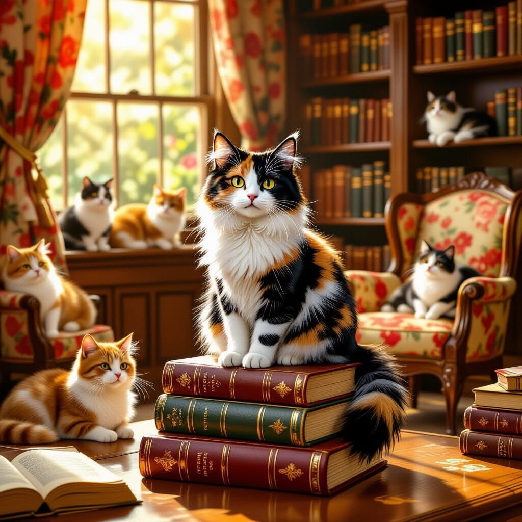 Calico Cat in Sunlit Library, Children's Book Illustration
