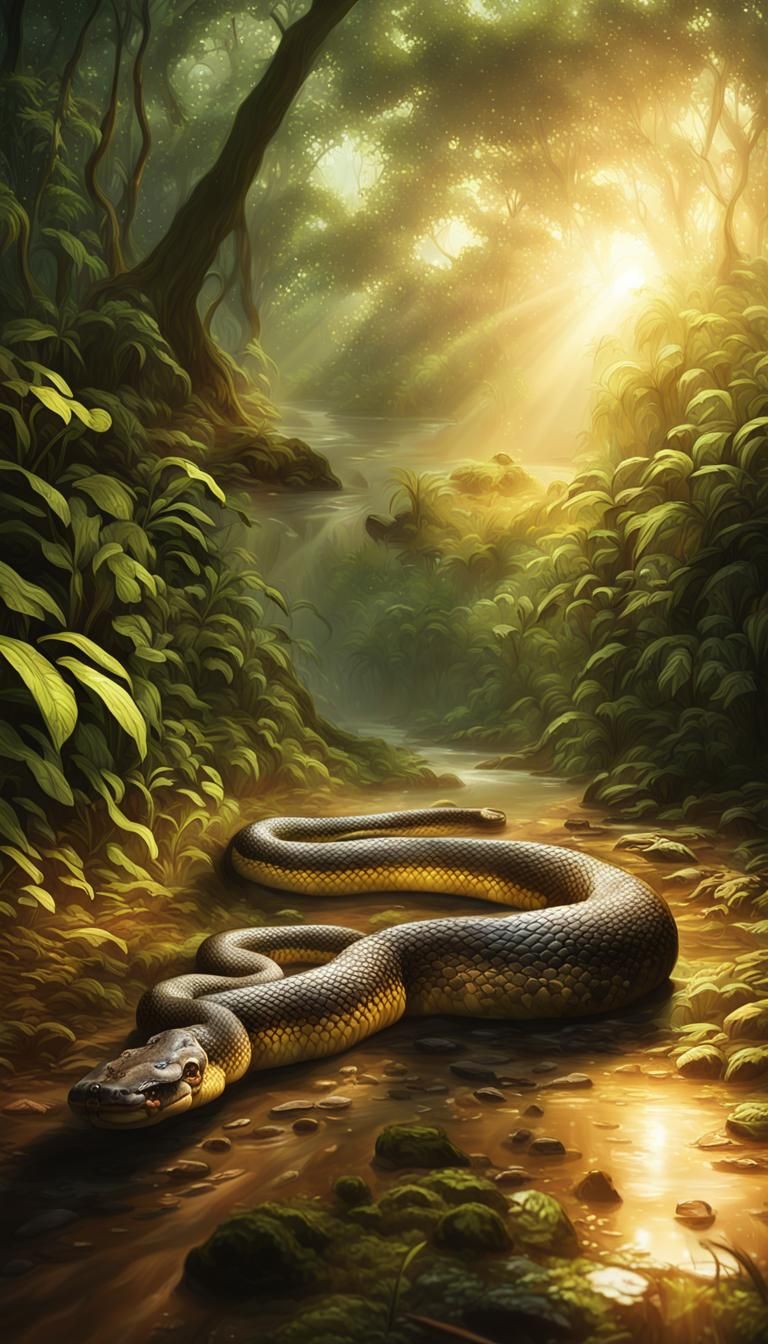 Anaconda in Amazon Rainforest at Dusk