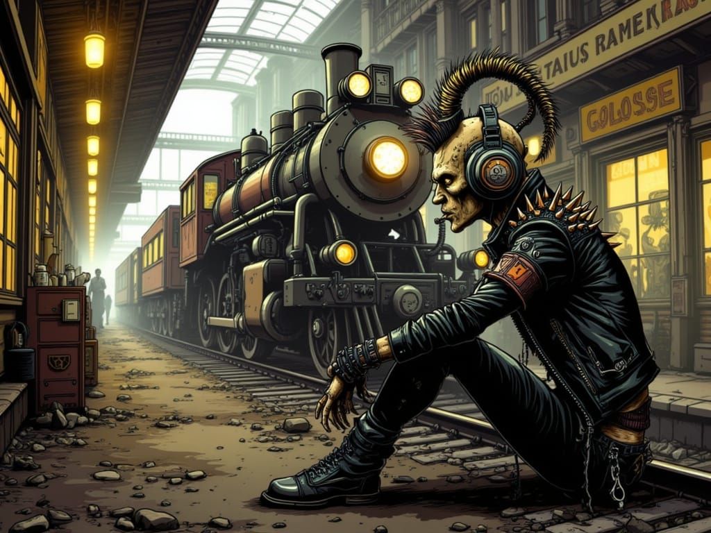 Steampunk Demon Repairs Train at Station in Comic Art Style