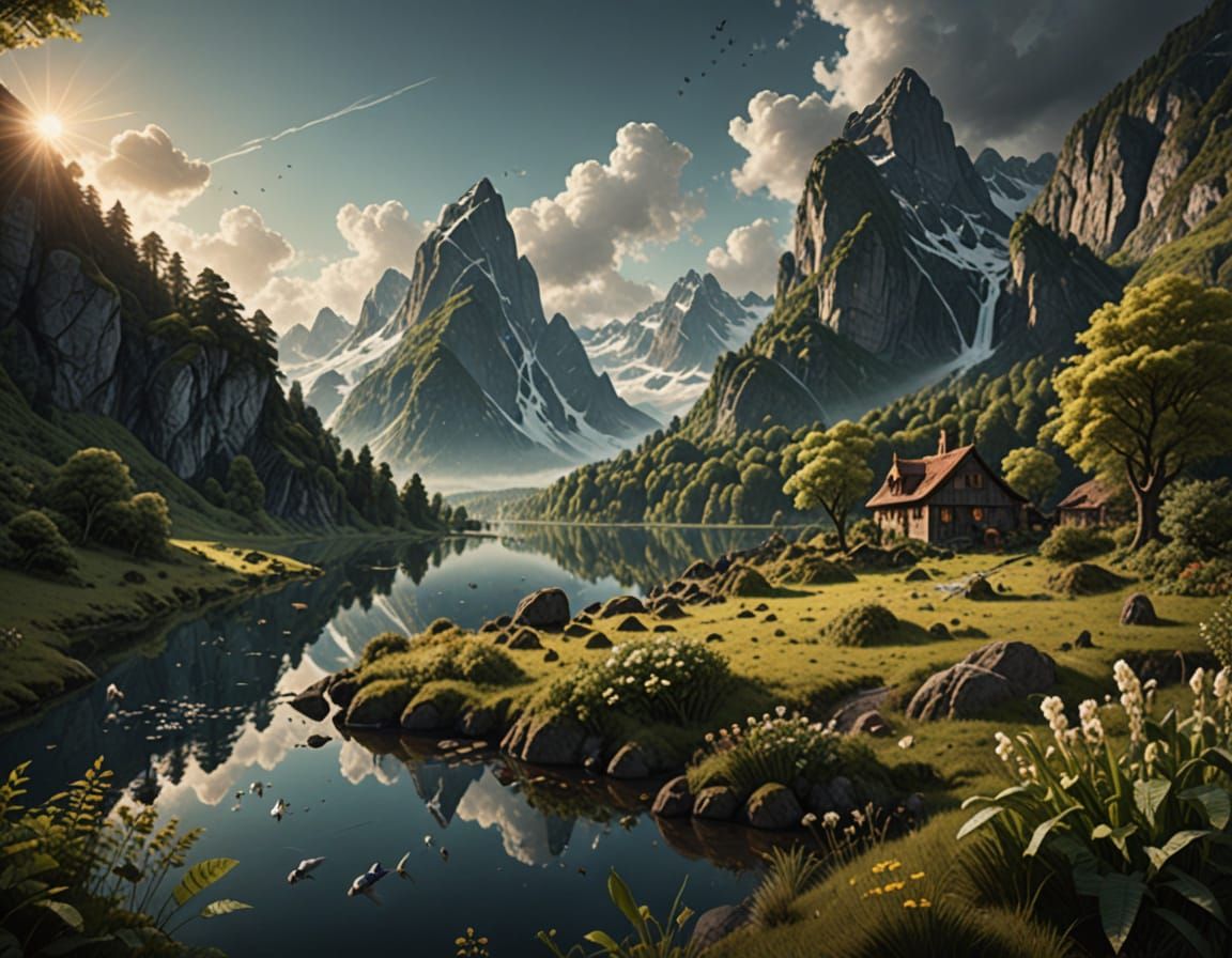 Eine atemberaubene Landschaft mit einem großen See. Wilde Tiere stillen ihren Durst am See. Im Hintergrund ist ein Wald ...