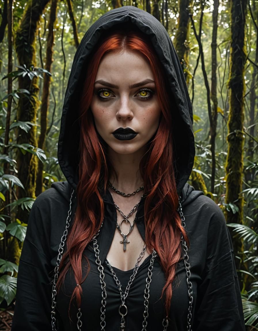 Gothic Girl with Red Hair in Jungle Photo