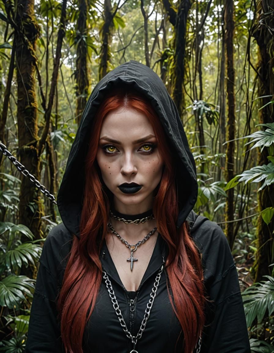 Gothic Girl with Red Hair in Jungle