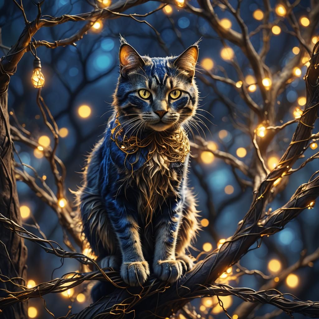 Steel Wire Cat on Mystical Tree Branch