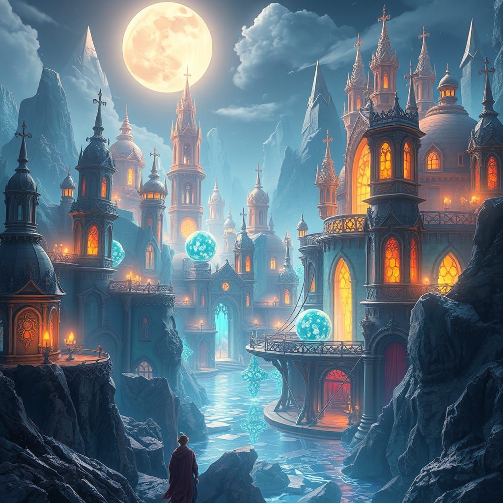 Ethereal Crystal Metropolis in Vibrant, Triadic Colors