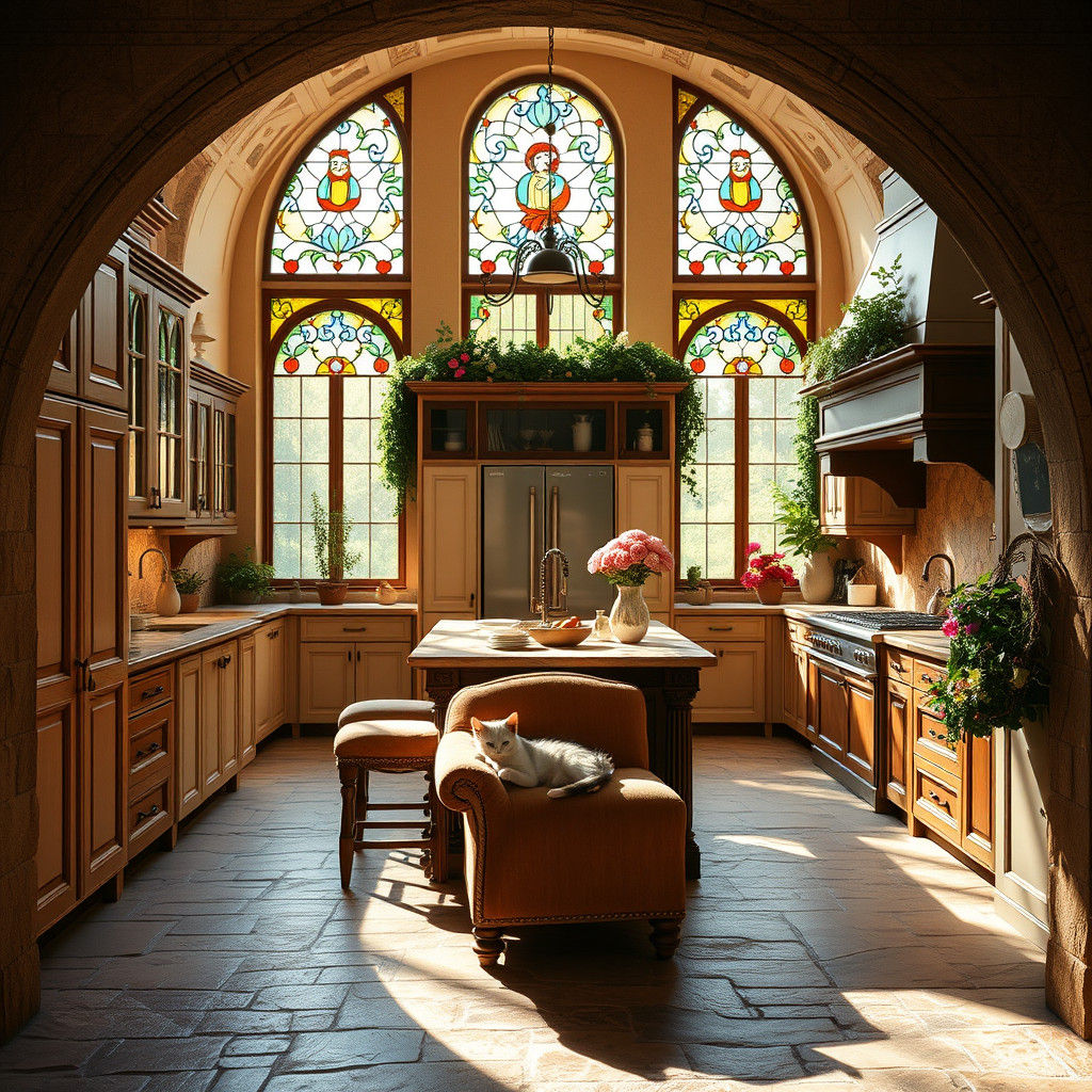 Italian Fantasy Kitchen with Stone Archway and Kitten