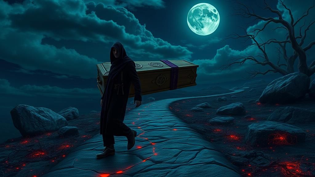 Solemn Man Drags Coffin on Serpentine Road