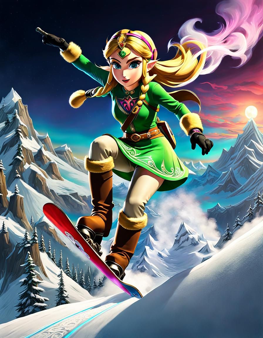Princess Zelda Snowboard Race: Hyperrealistic Splash Art