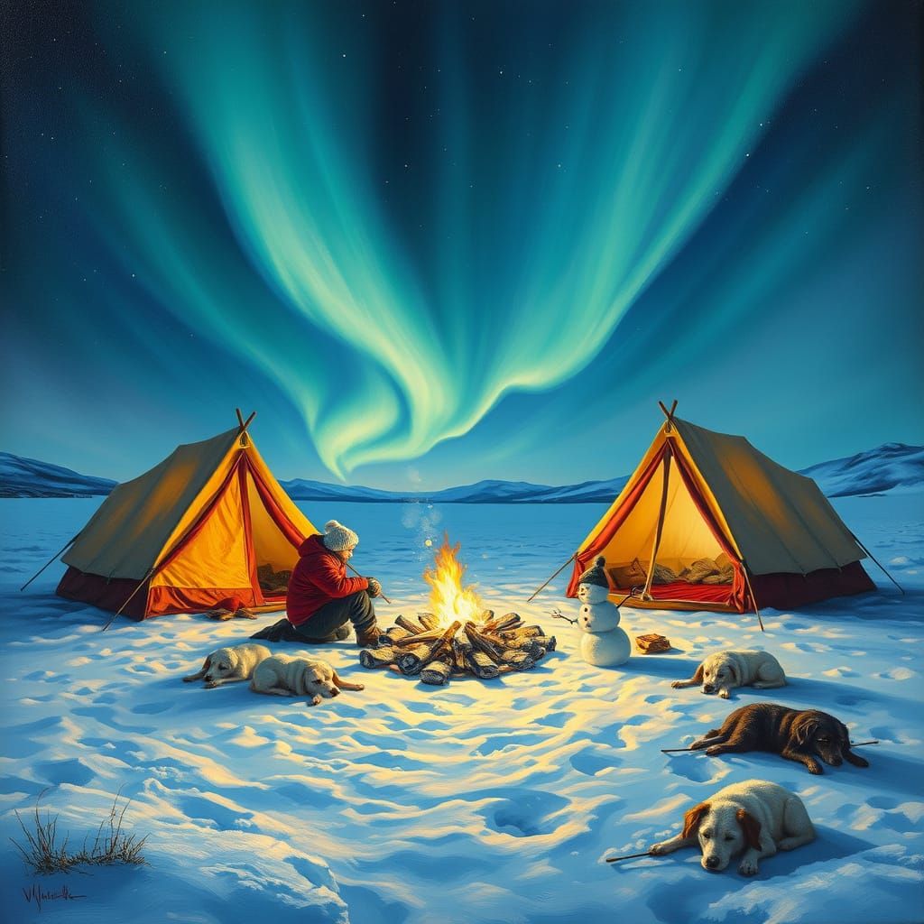 Realistic oil painting. Impasto. Snow in a clearing. Three closed tents lit from inside. Campfire in the middle of the t...