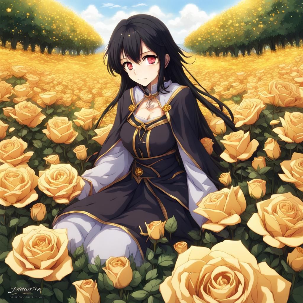 Anime Mage in Field of Golden Roses