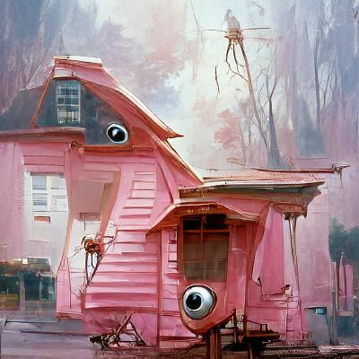 Pink House with Legs: An Oil Painting
