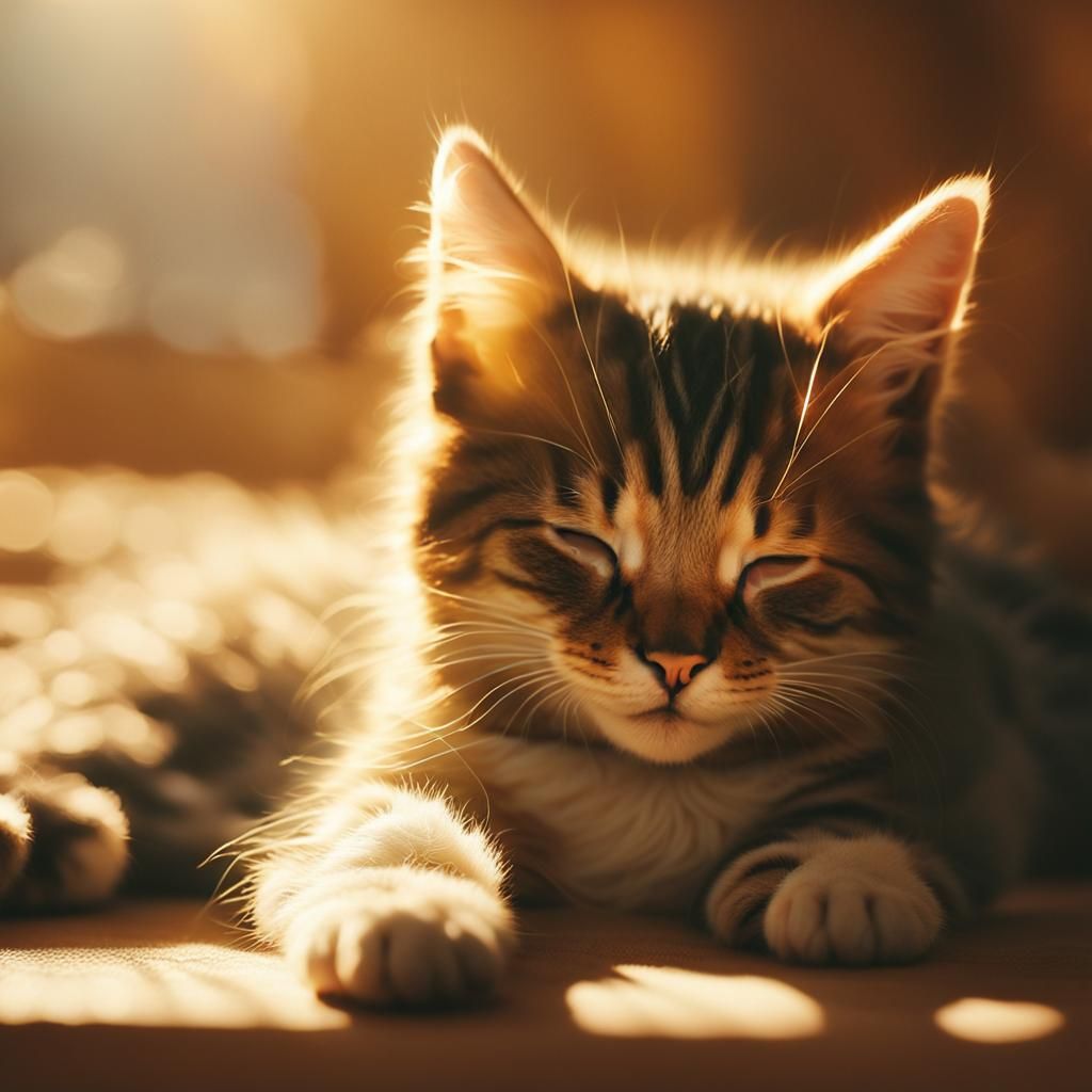 Kitten Sleeping in Sunbeam: Cinematic Film Still
