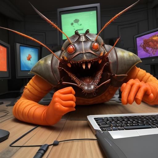 Humorous 3D Rendering: Gamer Cockroaches with Cheeto Smears