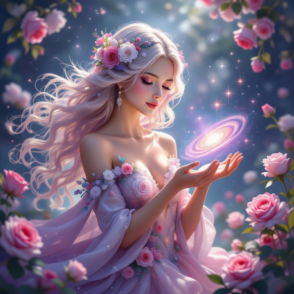 Ethereal Goddess of Flowers and Galaxies with Starlight Hair