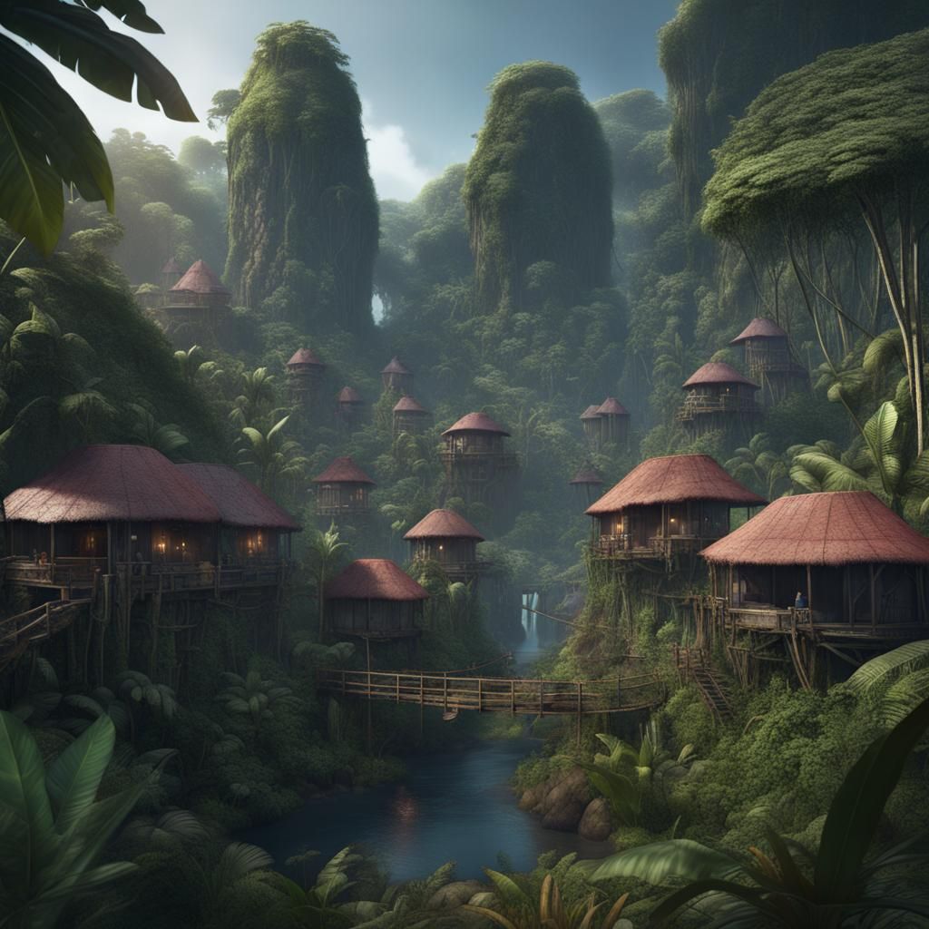 Modern Village in Dark Jungle, Digital Matte Painting