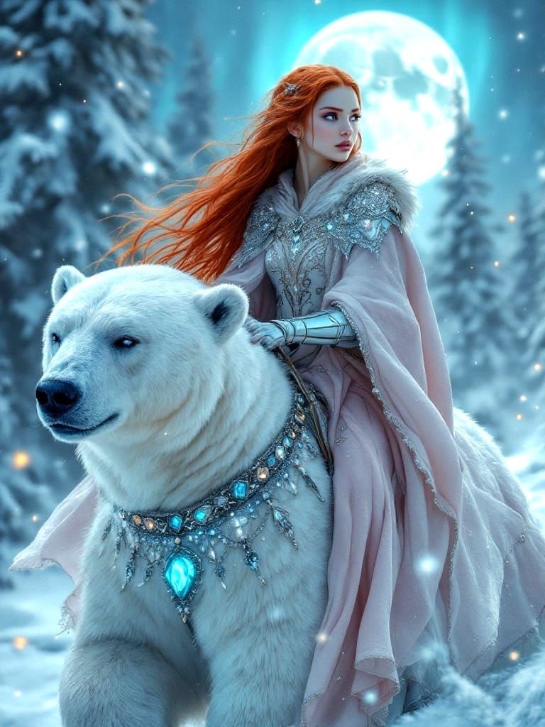 Ethereal Warrior Rides Majestic Polar Bear under Glowing Nor...