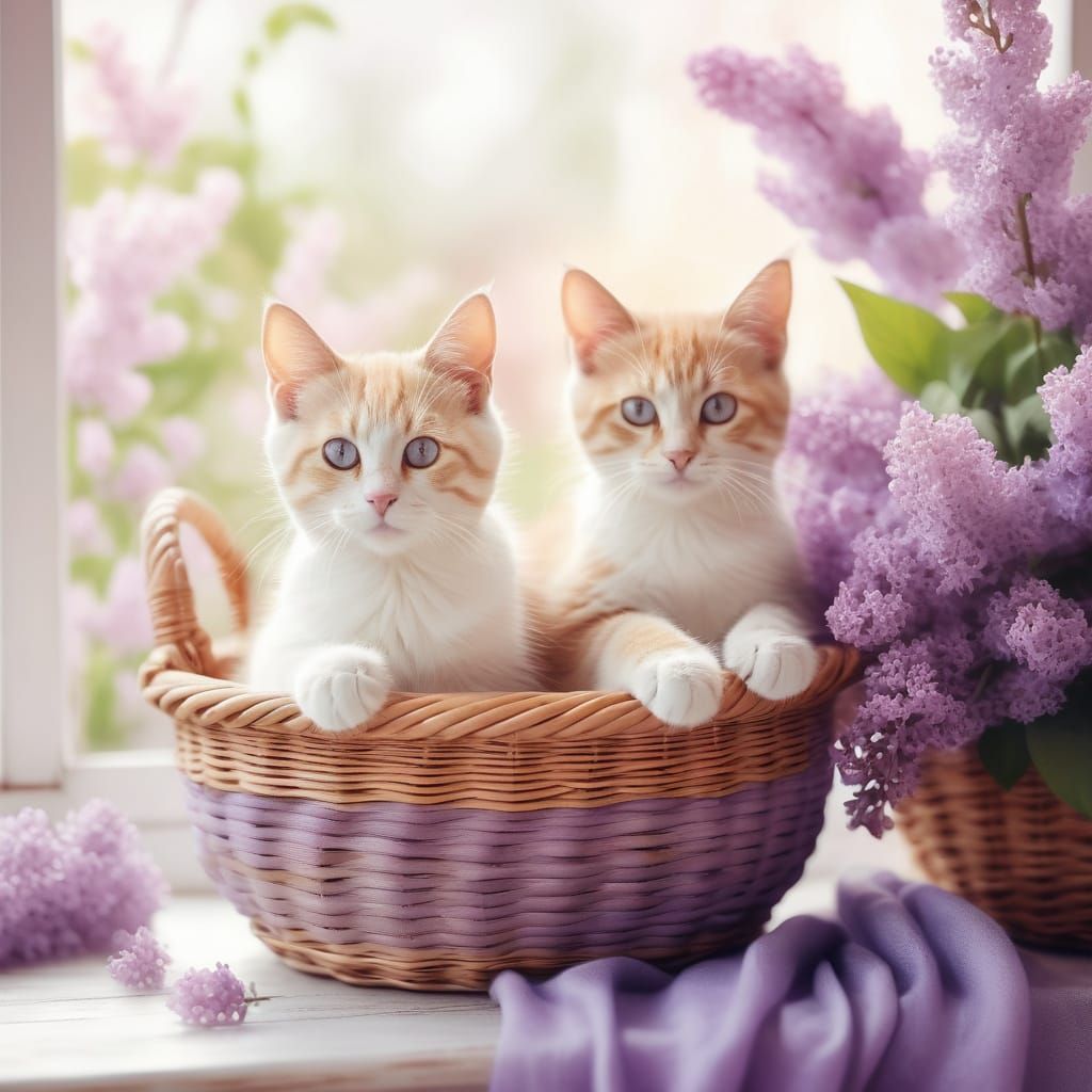 Whimsical Springtime Kittens in a Wicker Basket