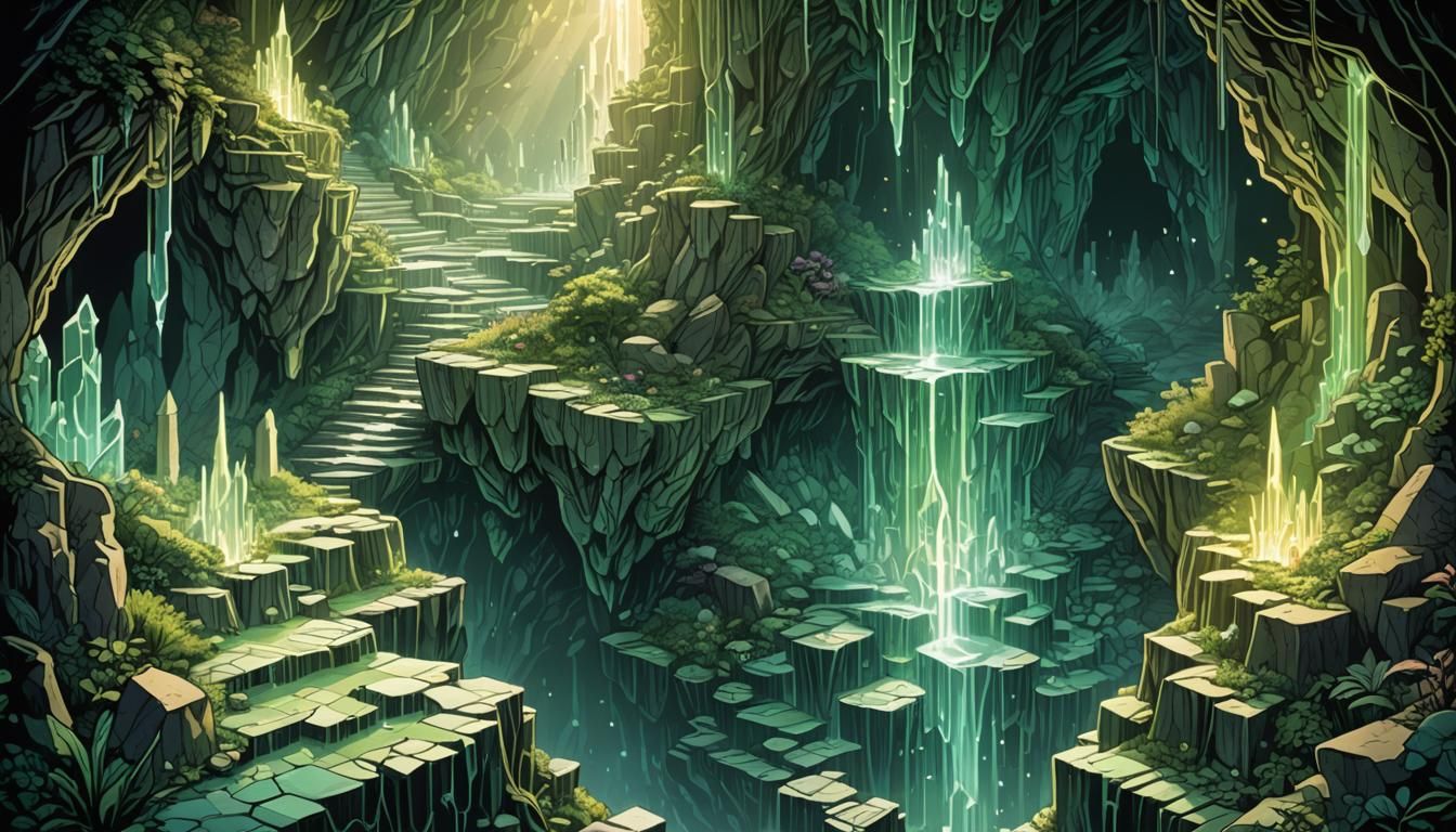 Illuminated Crystal Cave: Retro Dungeons and Dragons Style