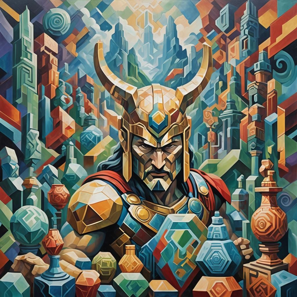 Thor with Mjolnir in Neo-Cubist Oil Painting