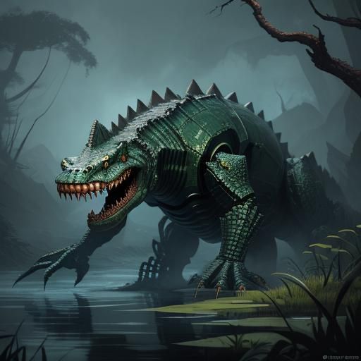 Mechanical Crocodile Robot Lurking in Swamp, Digital Paintin...
