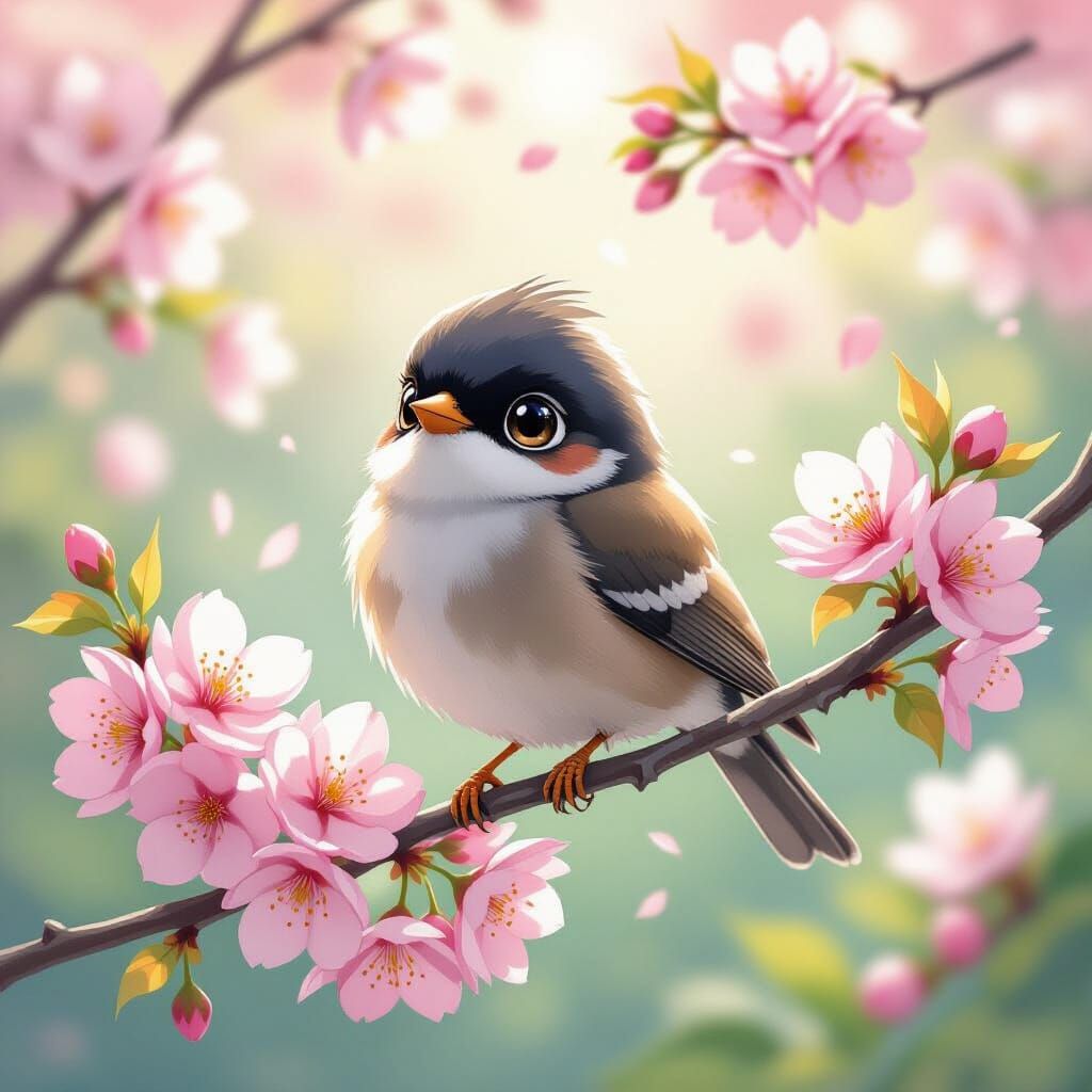 Adorable Anime Bird in Garden as Watercolor Illustration
