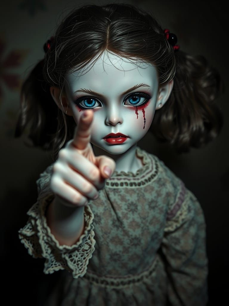 Threatening Gothic Doll with Unsettling Gaze, Hyperrealistic...
