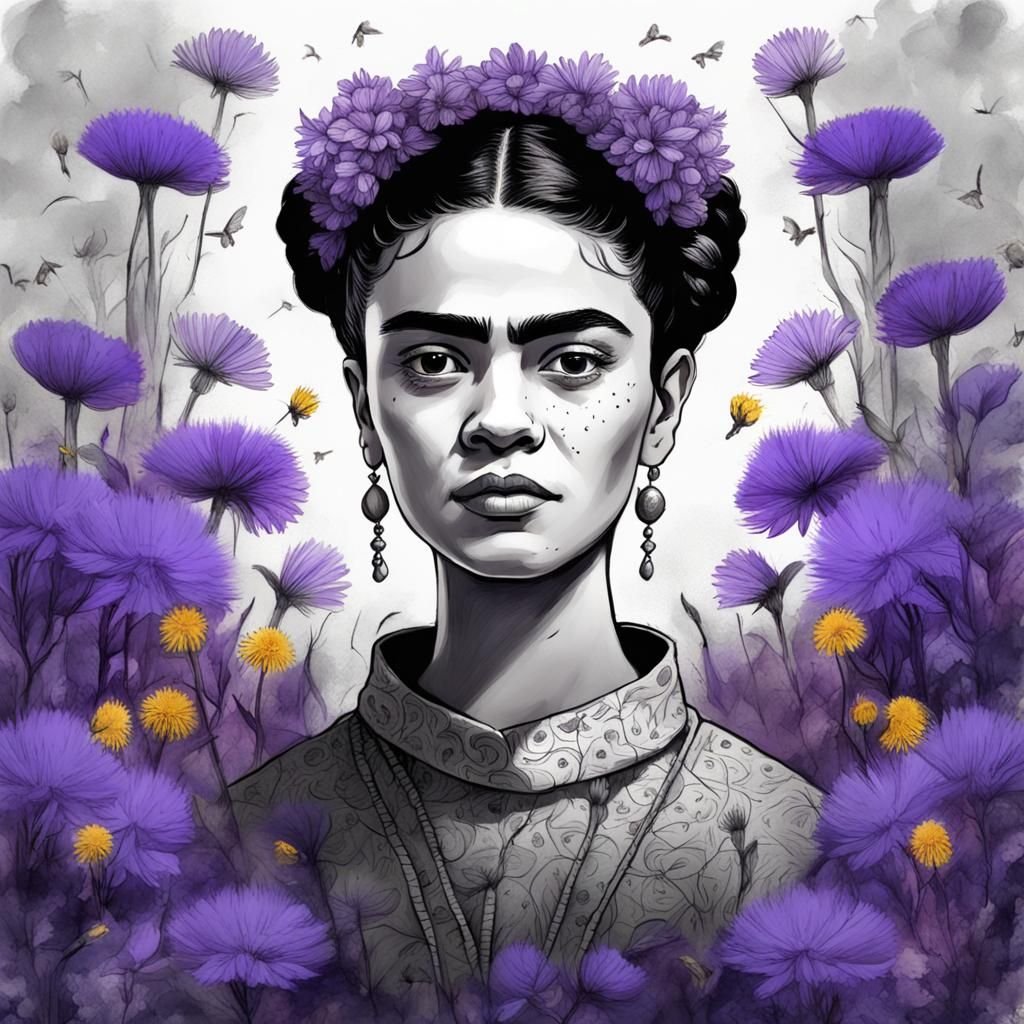 Frida Kahlo Inspired Charcoal Sketch with Flowers