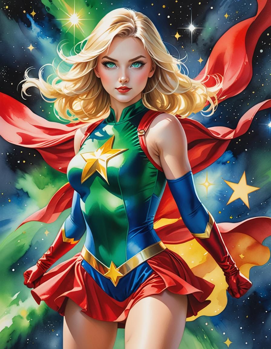 Superheroine Portrait in Watercolor with Supernova Backgroun...